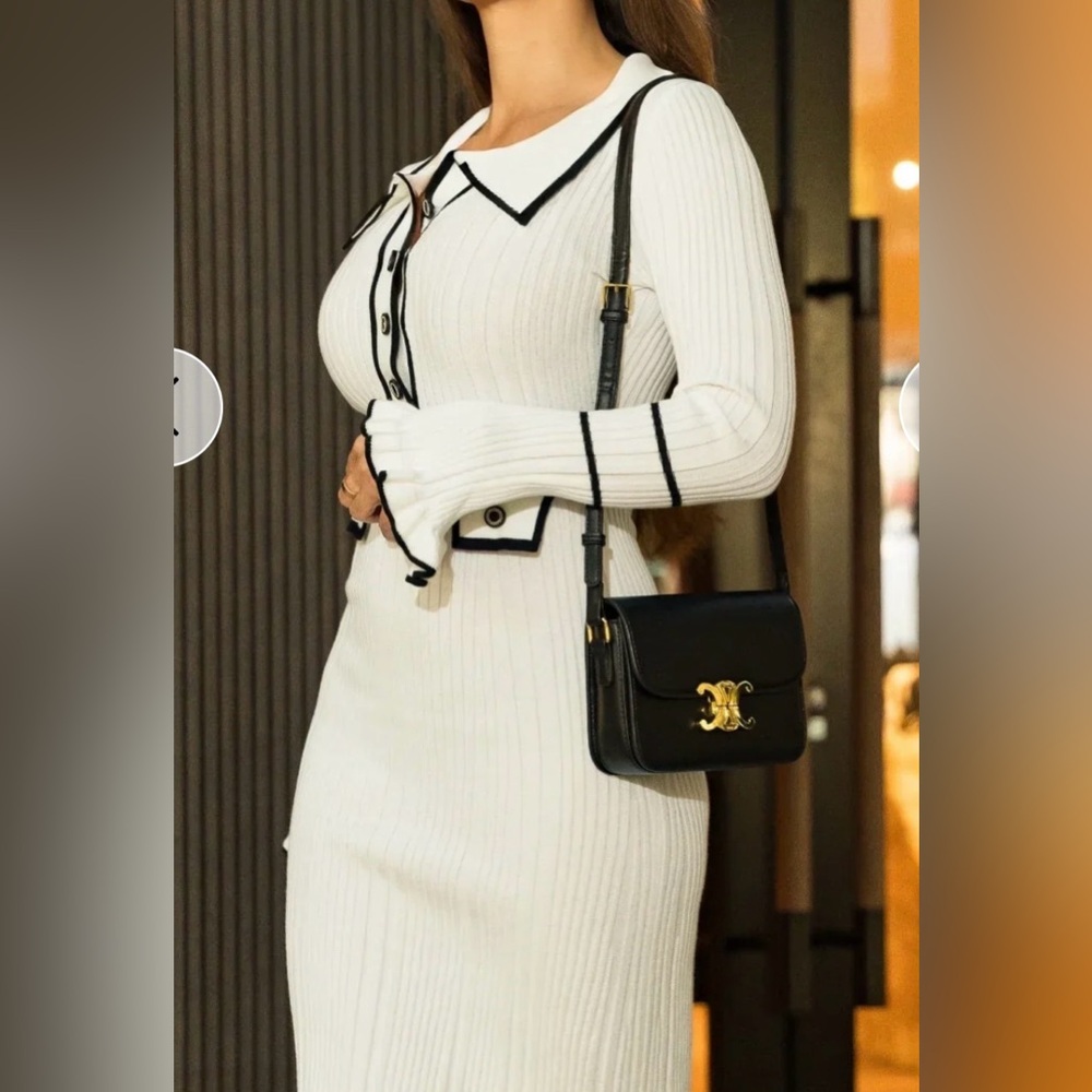 Women’s White Ribbed Knit Midi Dress with Contrast Trim - Picture 4 of 14